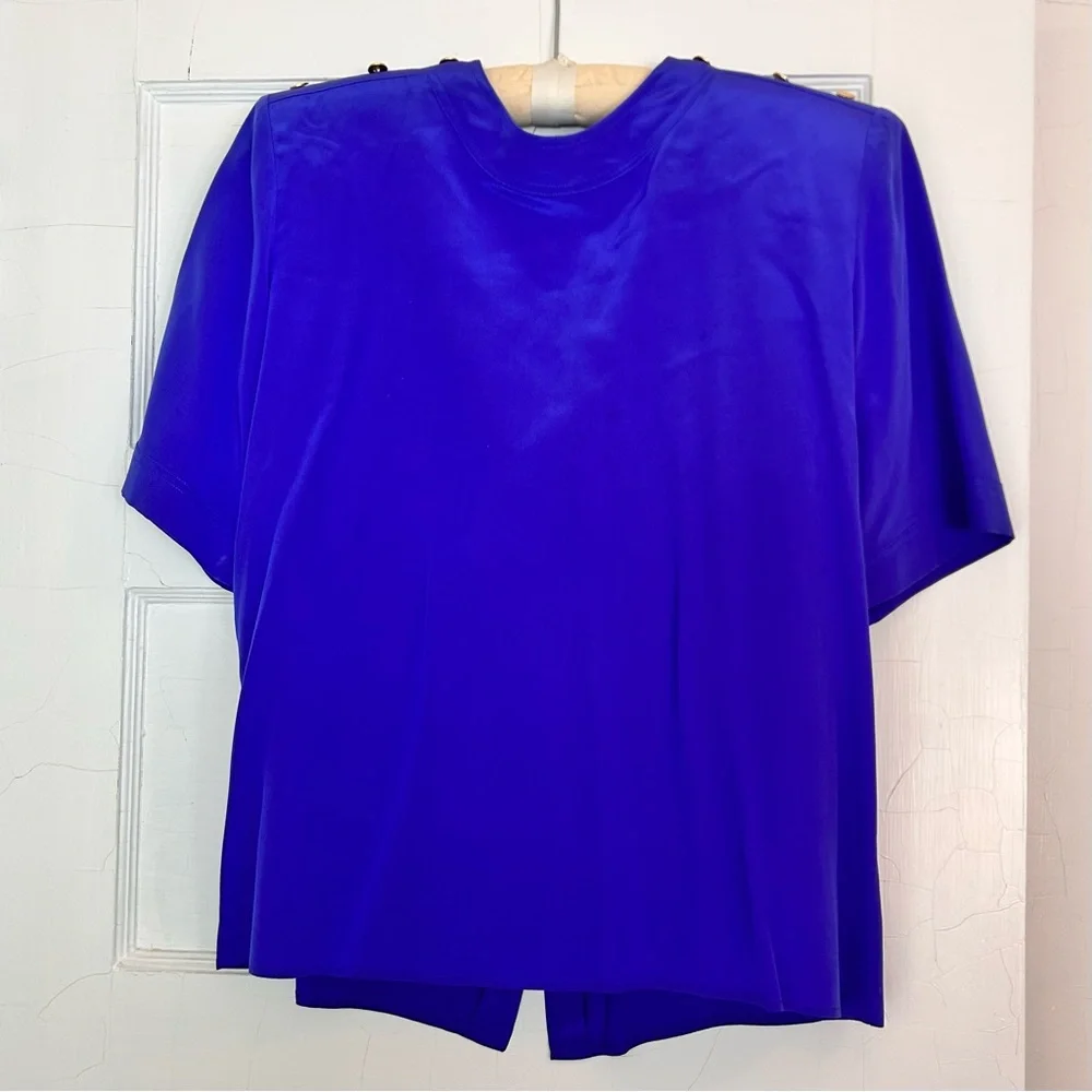 Carlisle 100% Silk Button Down Top Royal Blue Shoulder Pads Gold Buttons Vintage - Picture 1 of 8